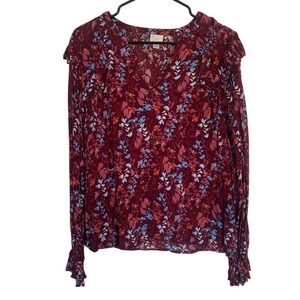 A NEW DAY Womens Long Sleeve Blouse Large Office Casual Ruffle Sleeve Maroon Guc